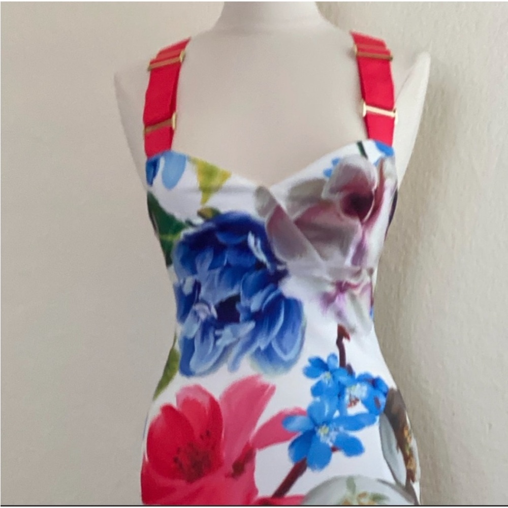 Ted Baker London White Midi Dress with Hot pink and Blue Floral Print